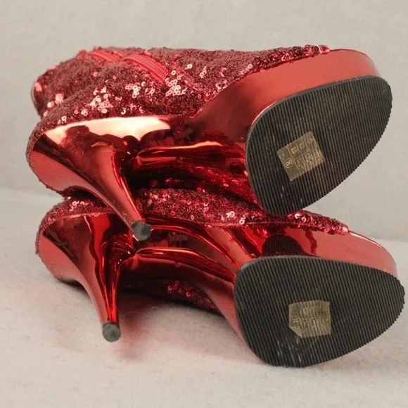 Pleaser Red Sequin Platform Ankle Boots Peep Toe Stiletto Heel Womens Size 8 - Picture 6 of 10